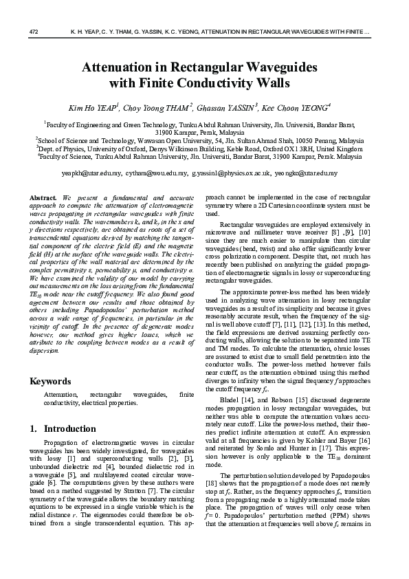 (PDF) Attenuation in rectangular waveguides with finite conductivity walls Kim Teck Yeap