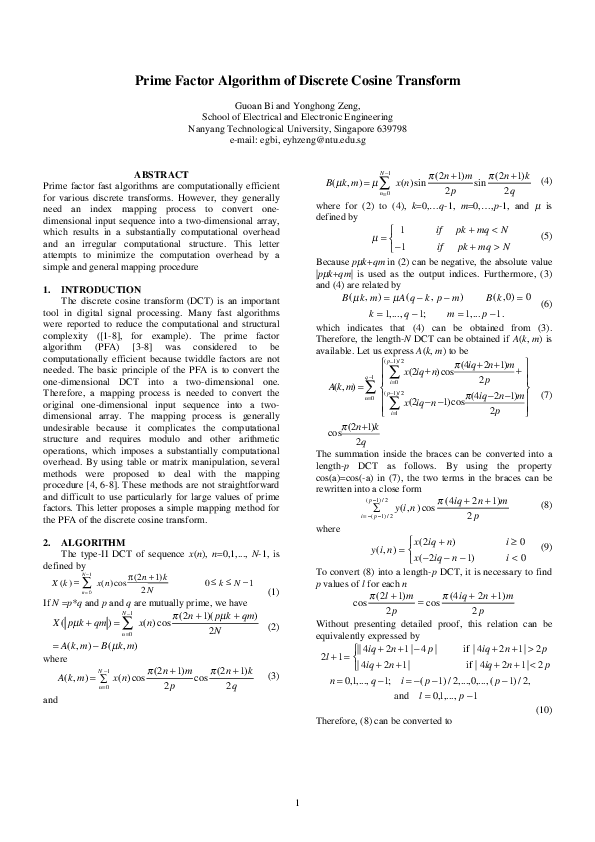 (PDF) Prime factor algorithm of discrete cosine transform