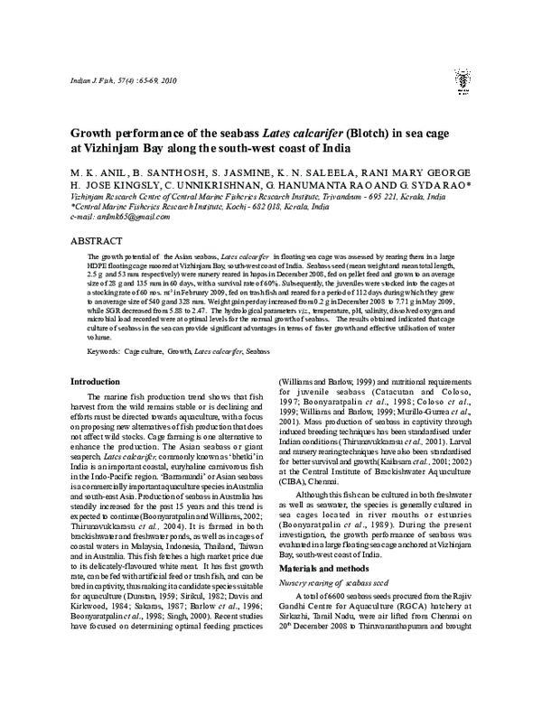 (PDF) Growth performance of the seabass Lates calcarifer (Blotch) in ...