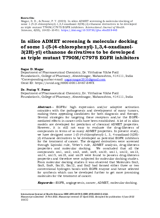 (PDF) In silico ADMET screening & molecular docking of some 1-(5-(4 ...