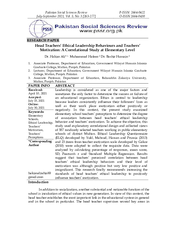 (PDF) Head Teachers’ Ethical Leadership Behaviours and Teachers