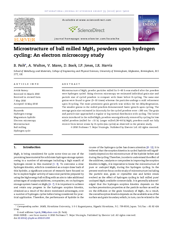 (PDF) Microstructure of ball milled MgH2 powders upon hydrogen cycling ...