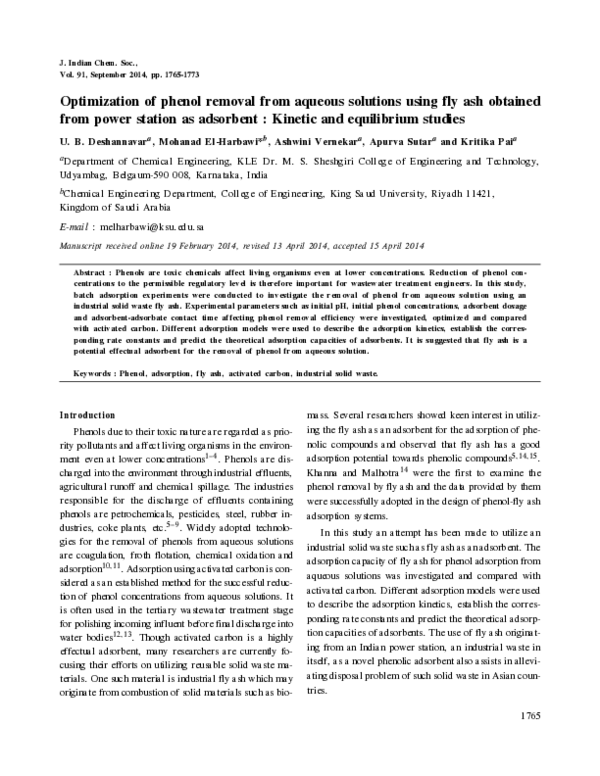(PDF) Optimization of phenol removal from aqueous solutions using fly ...