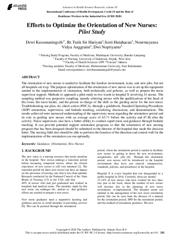 (PDF) Efforts to Optimize the Orientation of New Nurses: Pilot Study