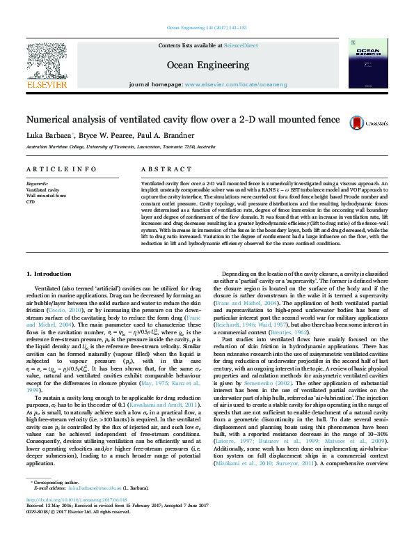 (PDF) Numerical analysis of ventilated cavity flow over a 2-D wall ...