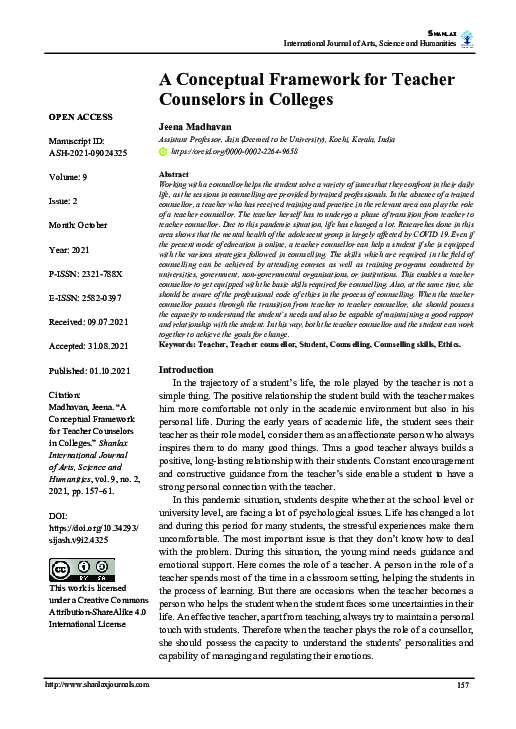 (PDF) A Conceptual Framework for Teacher Counselors in Colleges