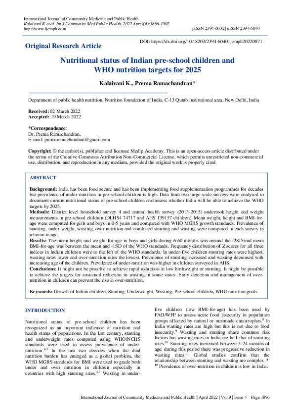 (PDF) Nutritional status of Indian pre-school children and WHO ...