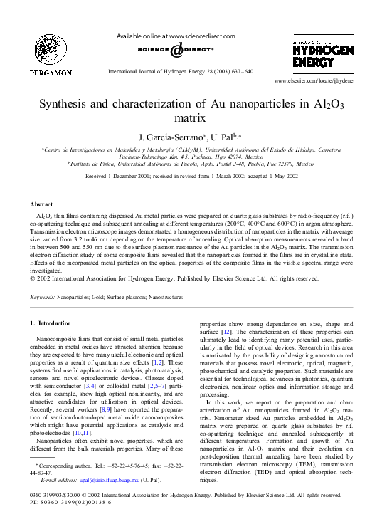 (PDF) Synthesis and characterization of Au nanoparticles in Al2O3 matrix