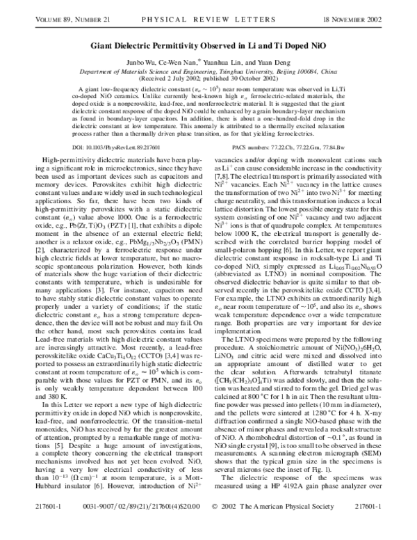 (PDF) Giant Dielectric Permittivity Observed in Li and Ti Doped NiO
