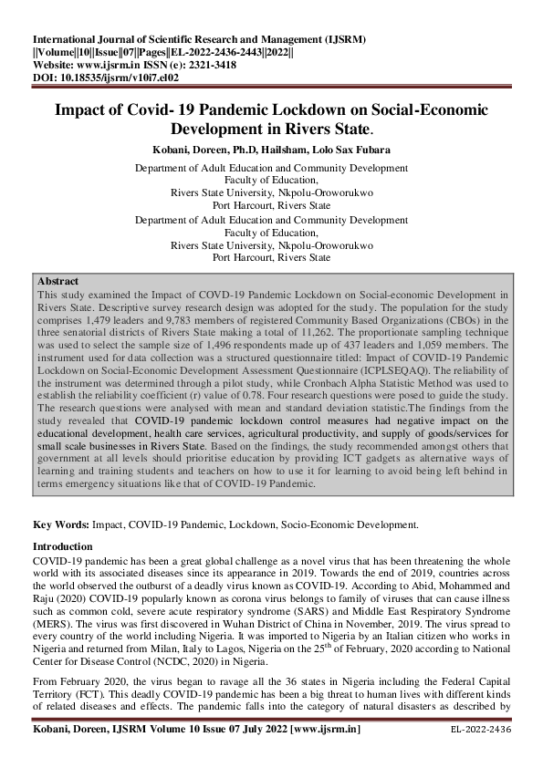 (PDF) Impact of Covid- 19 Pandemic Lockdown on Social-Economic ...