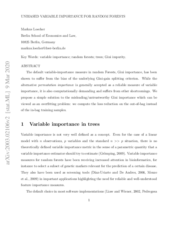 (PDF) Unbiased variable importance for random forests