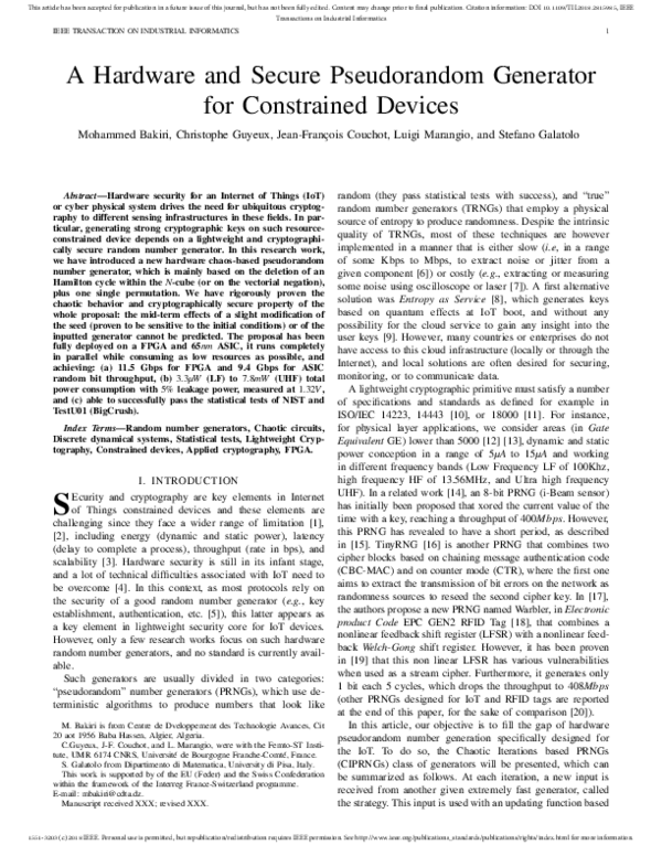 (PDF) A Hardware and Secure Pseudorandom Generator for Constrained Devices
