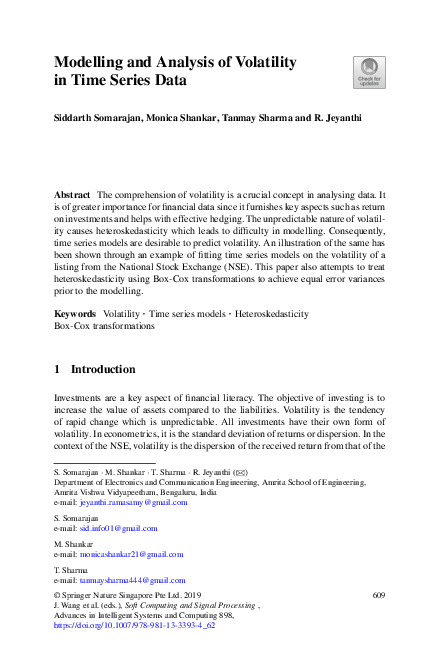 (PDF) Modelling and Analysis of Volatility in Time Series Data