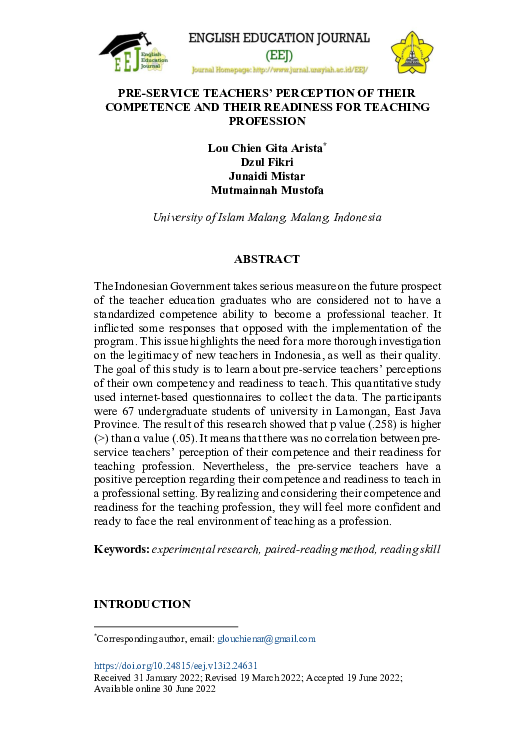 (PDF) Pre-service teachers' perception of their competence and their ...
