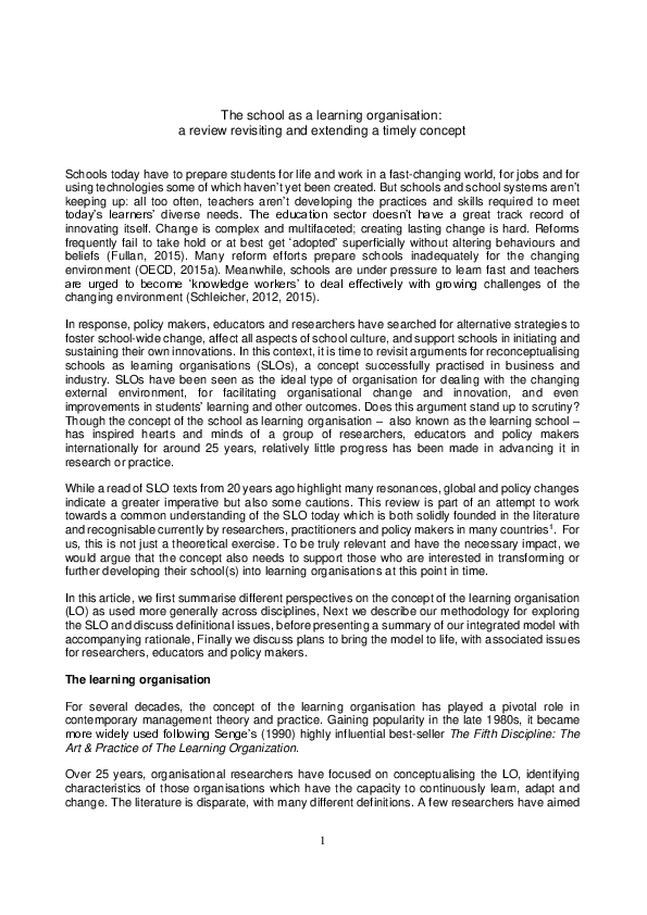 (PDF) The school as a learning organisation: a review revisiting and ...
