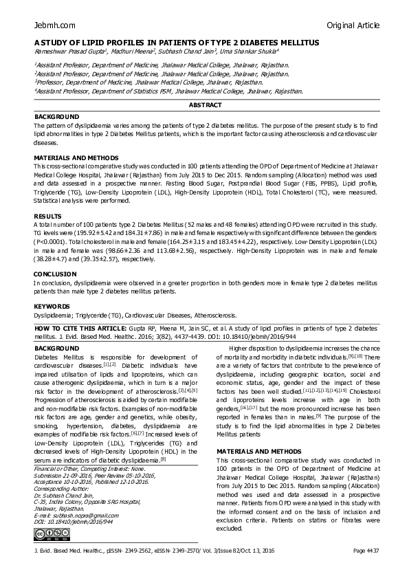 (PDF) A Study of Lipid Profiles in Patients of Type 2 Diabetes Mellitus