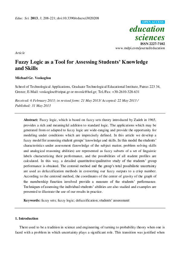 (PDF) Fuzzy Logic as a Tool for Assessing Students’ Knowledge and Skills