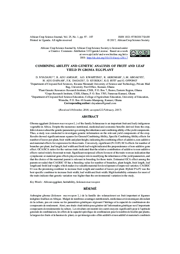 (PDF) Combining ability and analysis of fruit and leaf yield in