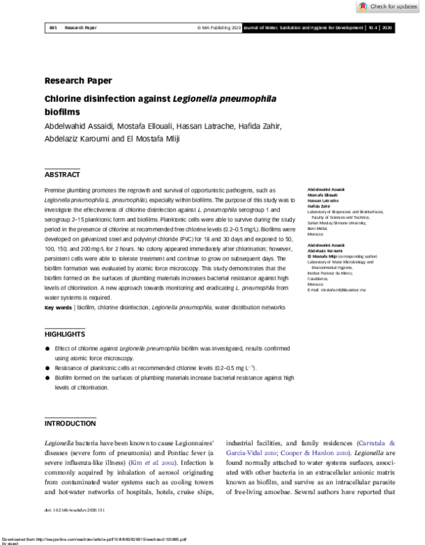 (PDF) Chlorine disinfection against Legionella pneumophila biofilms
