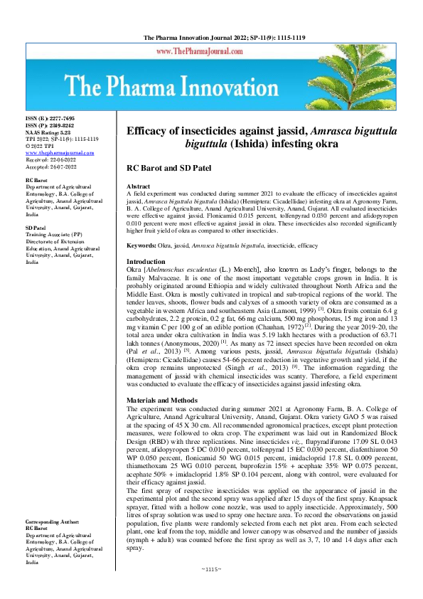 (PDF) Efficacy of insecticides against jassid, Amrasca biguttula ...