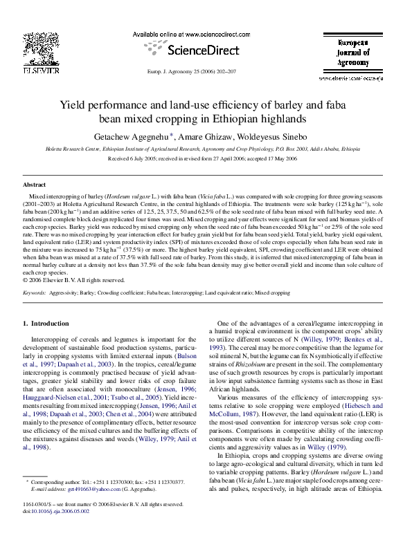 (PDF) Yield performance and landuse efficiency of barley and faba bean mixed cropping in