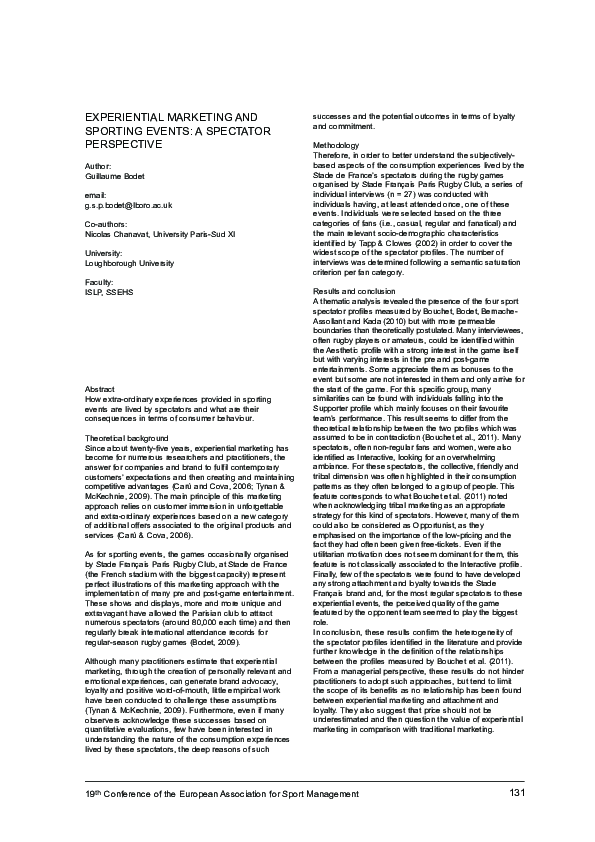 (PDF) Experiential marketing and sporting events: a spectator perspective