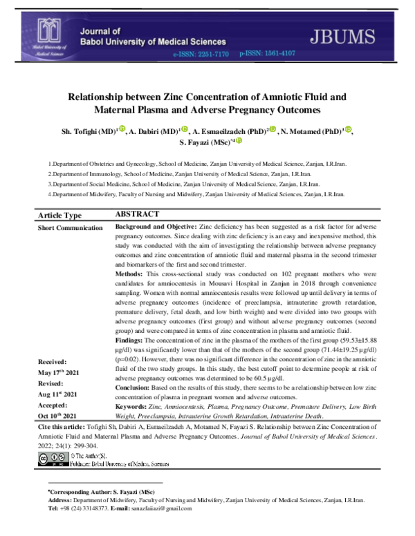 (PDF) Relationship between Zinc Concentration of Amniotic Fluid and ...