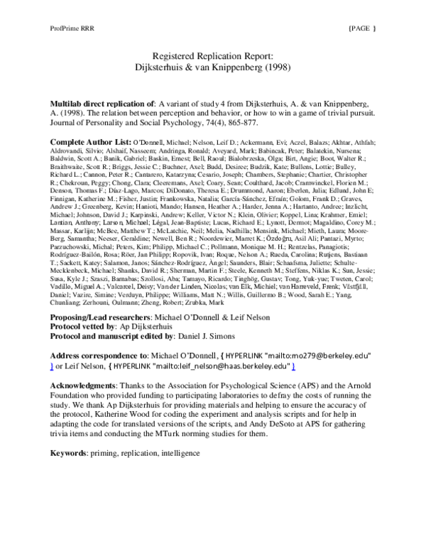 (PDF) Registered Replication Report: Dijksterhuis and van Knippenberg ...