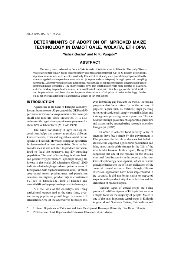 (PDF) Determinants of Adoption of improved Maize Technology in Damote ...
