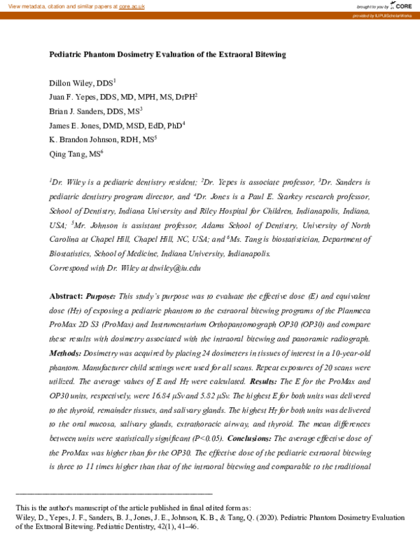 (PDF) Pediatric Phantom Dosimetry Evaluation of the Extraoral Bitewing