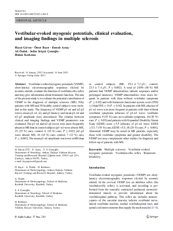 (PDF) Vestibular Evoked Myogenic Potentials: Clinical Implications of a ...