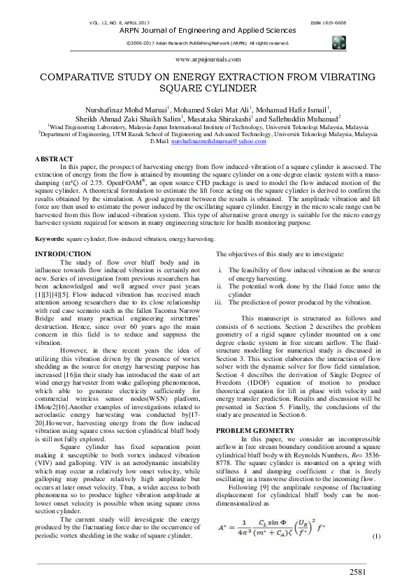 (PDF) Comparative study on energy extraction from vibrating square cylinder