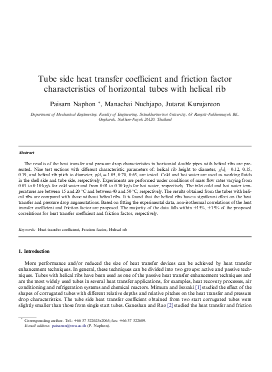 (PDF) Tube side heat transfer coefficient and friction factor ...