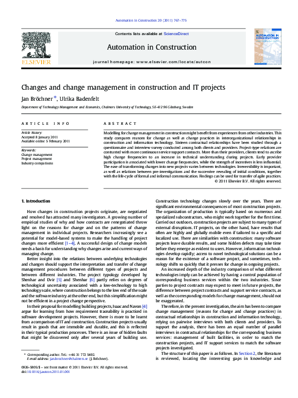 (PDF) Changes and change management in construction and IT projects