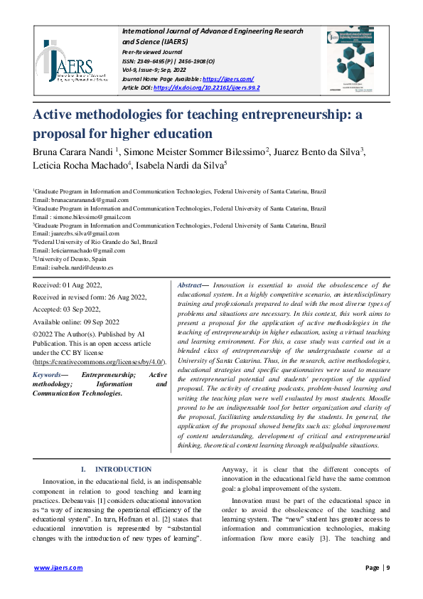 (PDF) Active methodologies for teaching entrepreneurship: a proposal ...