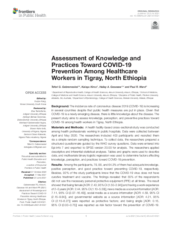 (PDF) Assessment of Knowledge and Practices Toward COVID-19 Prevention ...