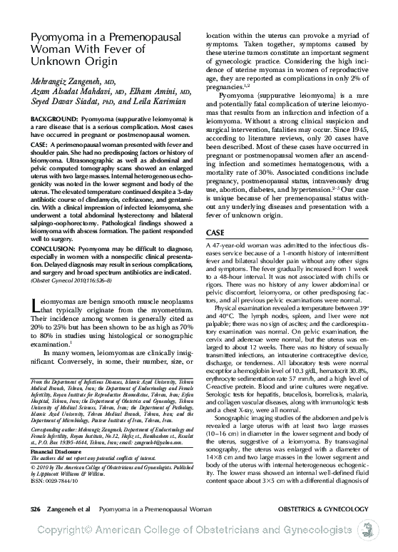 (PDF) Pyomyoma in a Premenopausal Woman With Fever of Unknown Origin