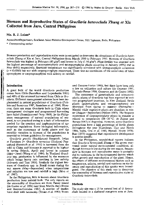 (PDF) Biomass and Reproductive States of Gracilaria heteroclada Zhang ...