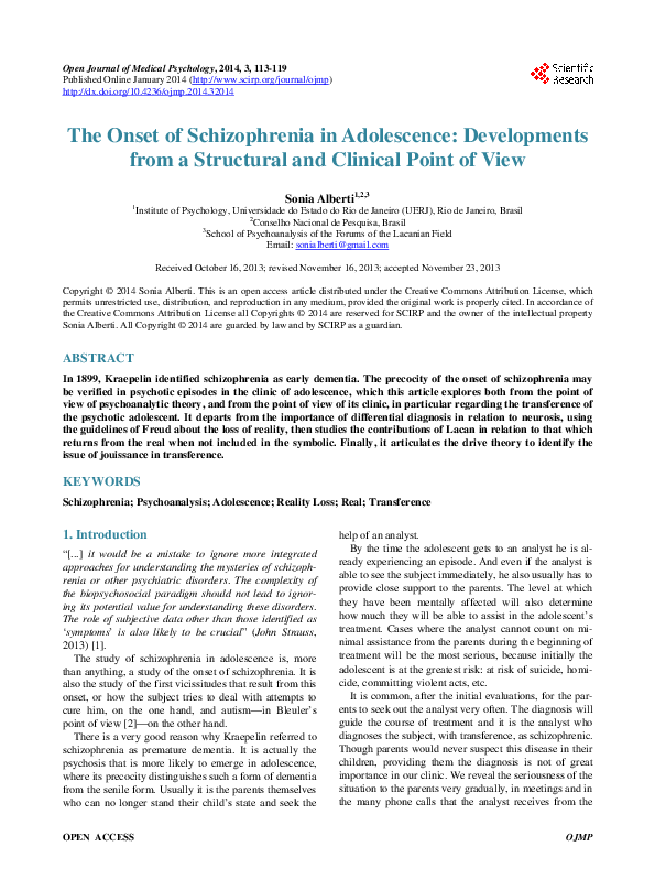(PDF) The Onset of Schizophrenia in Adolescence: Developments from a ...