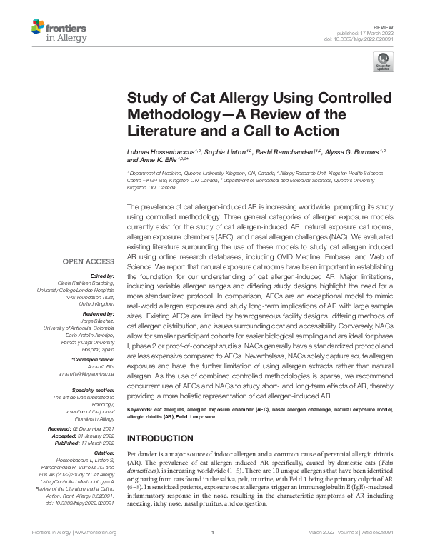 (PDF) Study of Cat Allergy Using Controlled Methodology—A Review of the ...