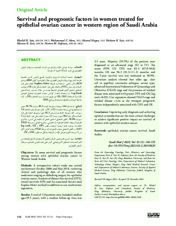 (PDF) Survival and prognostic factors in women treated for epithelial ...