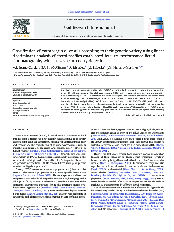 (PDF) Classification of extra virgin olive oils according to their ...