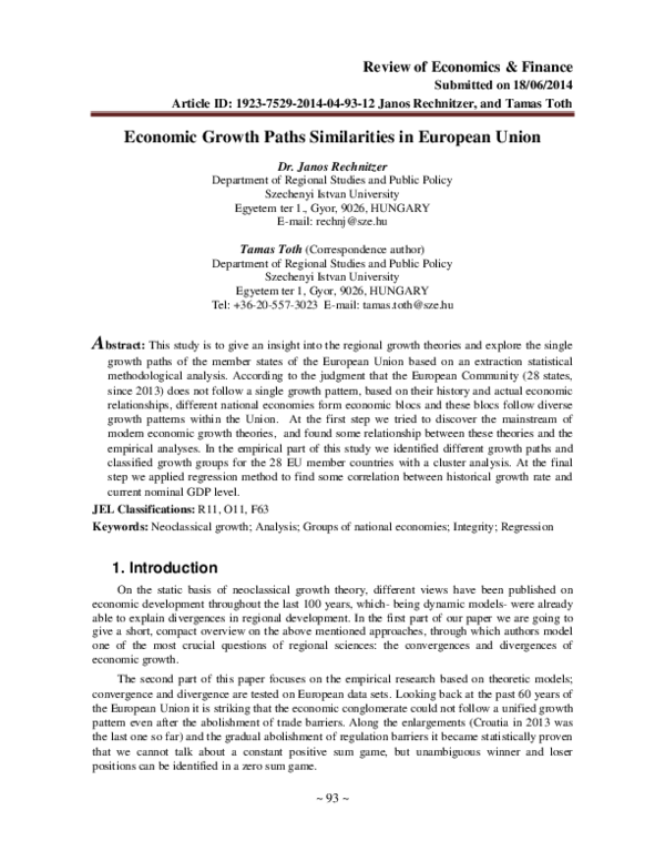 (PDF) Economic Growth Paths Similarities in European Union | Janos ...