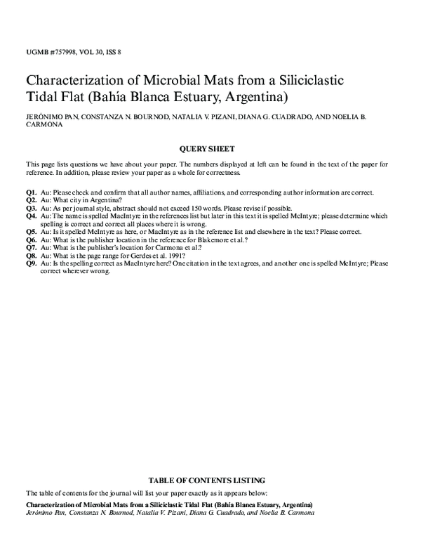 (PDF) Characterization of Microbial Mats from a Siliciclastic Tidal
