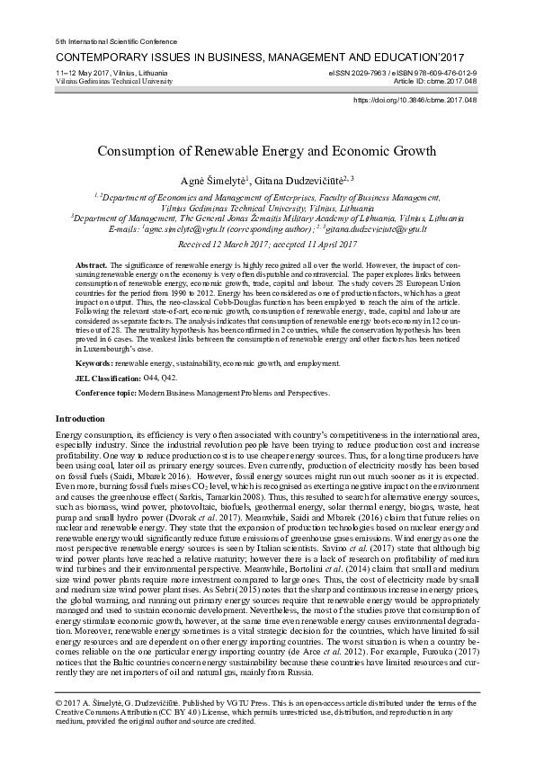 (PDF) Consumption of Renewable Energy and Economic Growth
