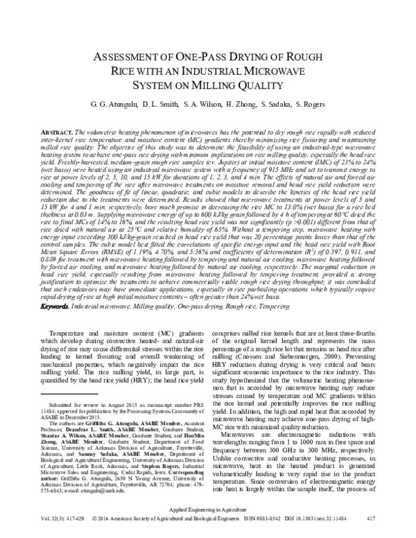 (PDF) Assessment of One-Pass Drying of Rough Rice with an Industrial ...