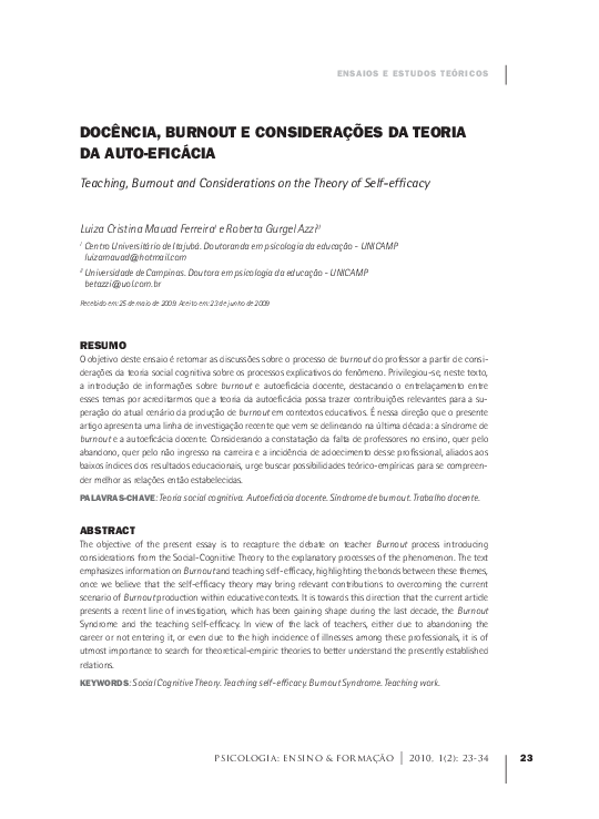 (PDF) Teaching, Burnout and considerations on the theory of self-efficacy