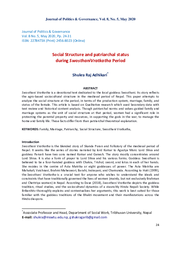 (PDF) Social Structure and patriarchal status during SwosthaniVratkatha ...