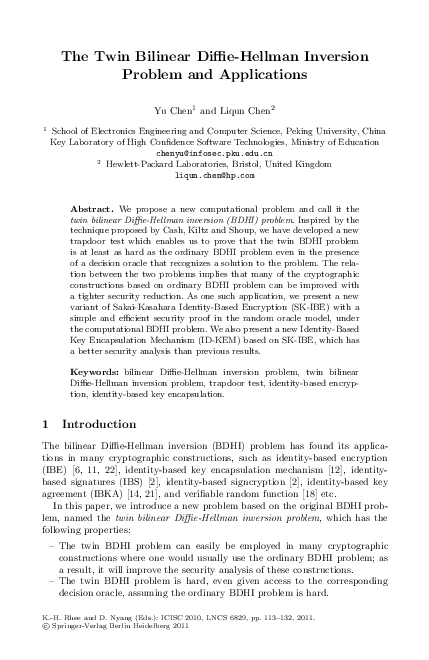 (PDF) The Twin Bilinear Diffie-Hellman Inversion Problem and Applications