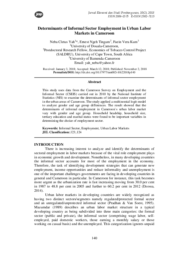 (PDF) Determinants of Informal Sector Employment in Urban Labor Markets ...